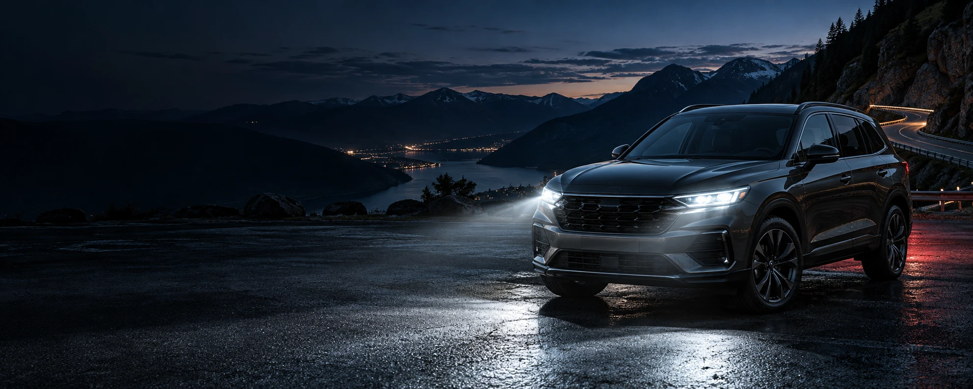 An SUV with LED headlights illuminating a mountain-road turnout at dusk