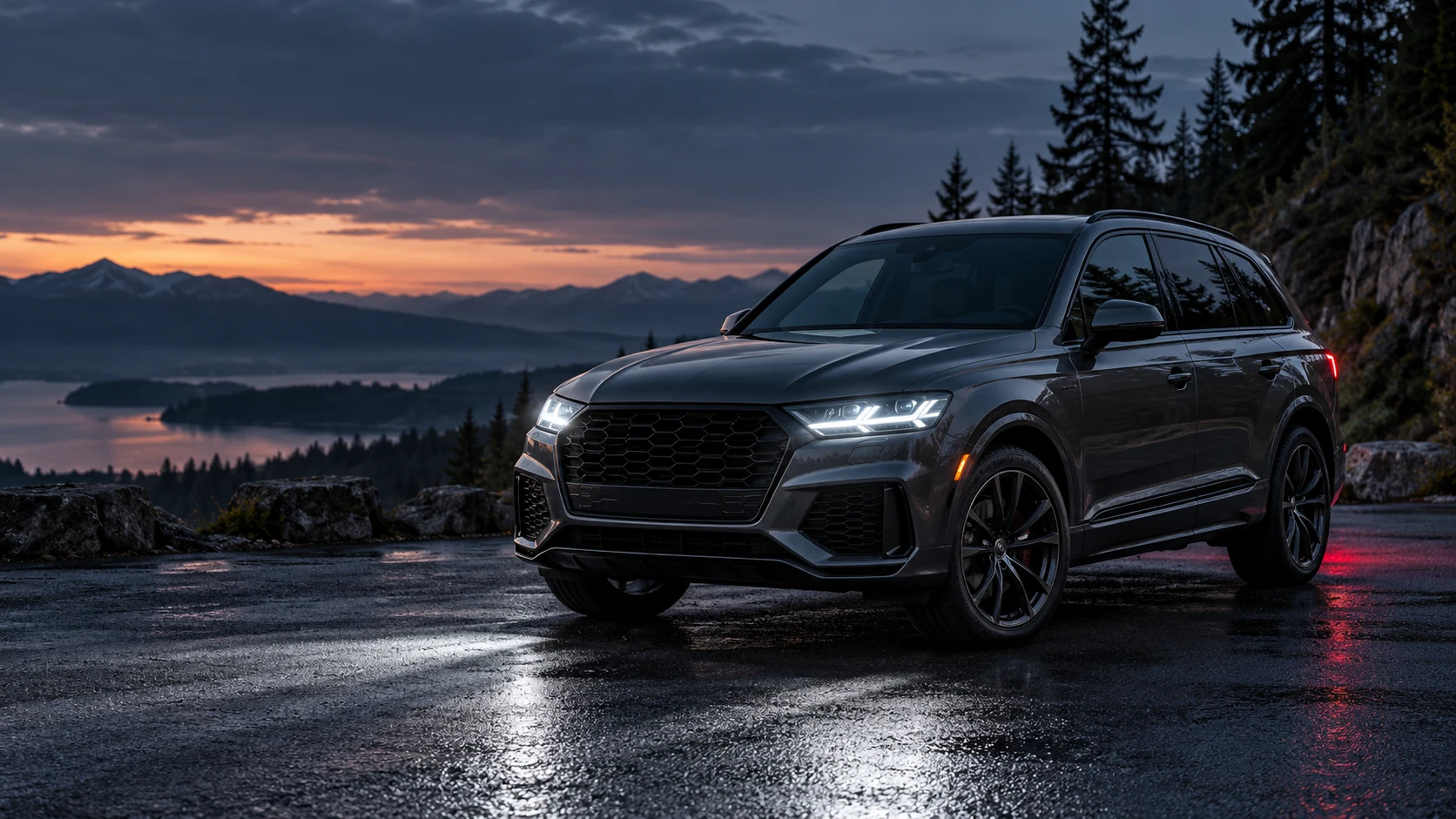 An SUV with LED headlights on a mountain-road turnout at dusk