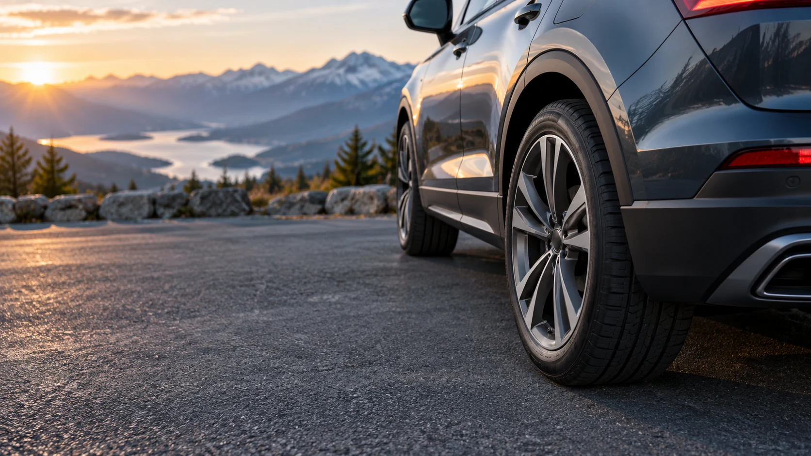 A close view of an SUV wheel at a paved mountain overlook